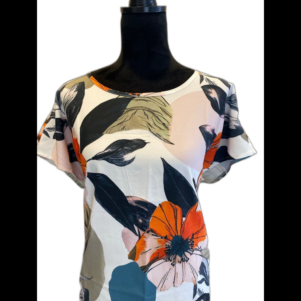 Tropical Floral Blouse Size XL Short Sleeve Green Orange Casual Rounded Neckline
